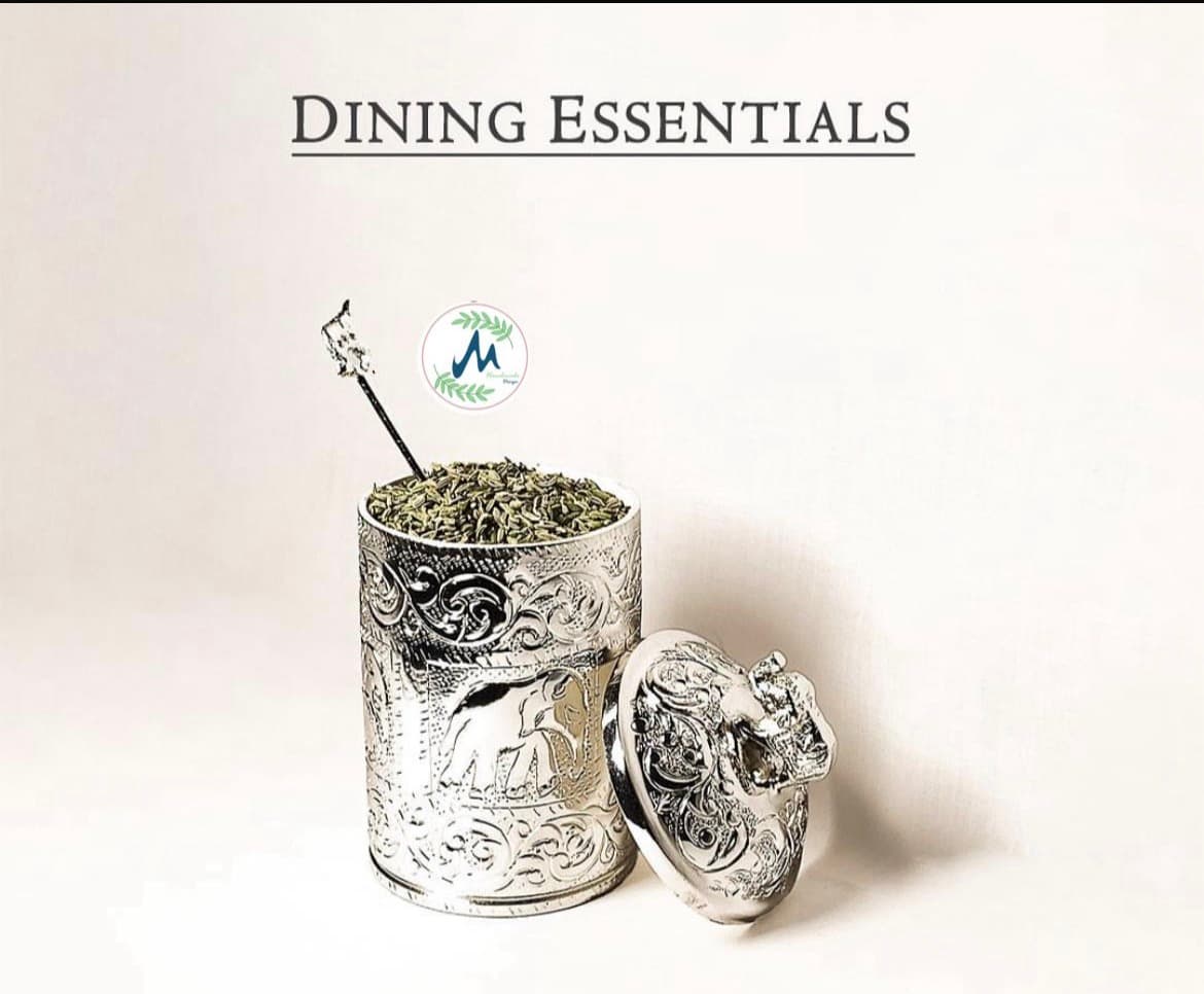 Silver engraved elephant mukhwas jar with spoon and fennel seeds