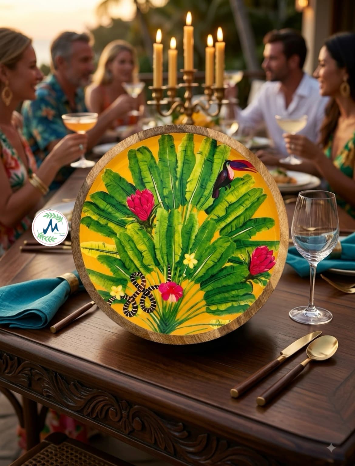 Yellow banana leaf platter displayed at tropical dinner party with candelabra