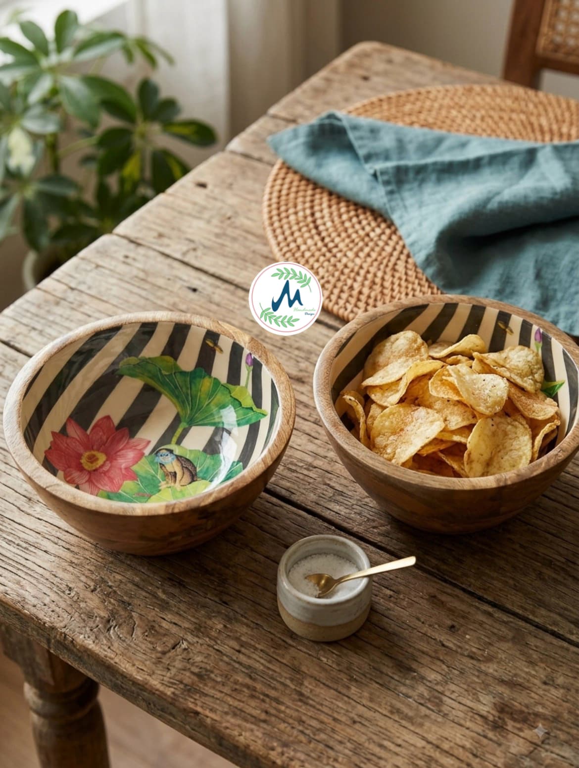 Lotus pond bowls on rustic table with chips and snacks