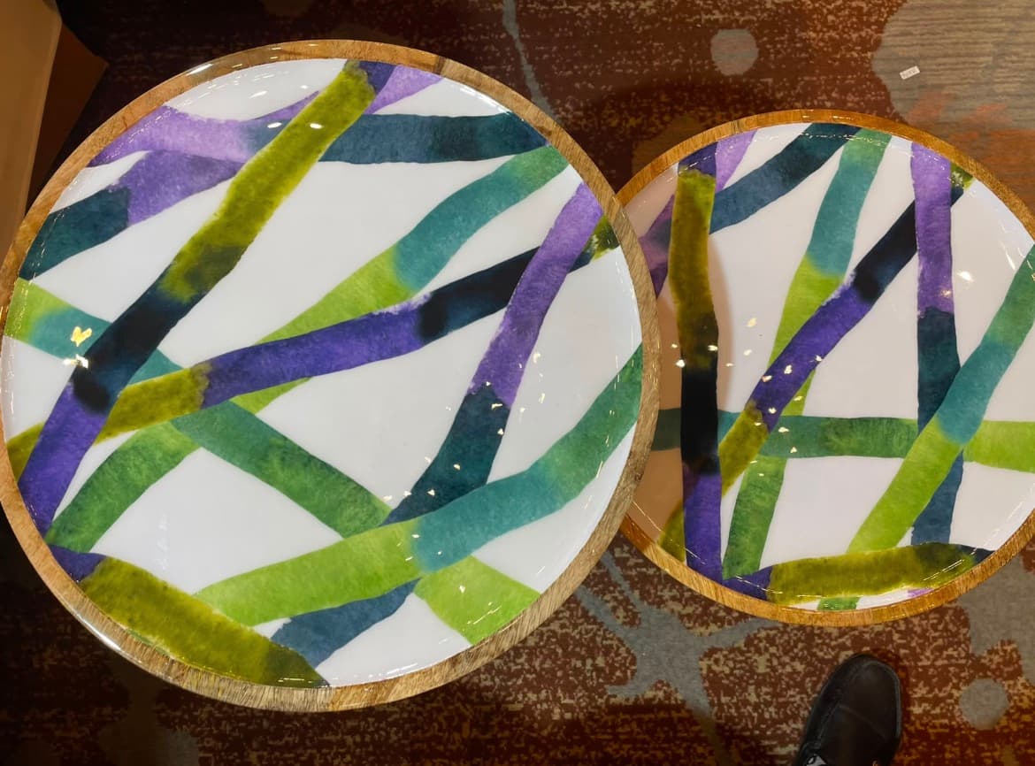 Top-down view of abstract brushstroke enamel side table tops