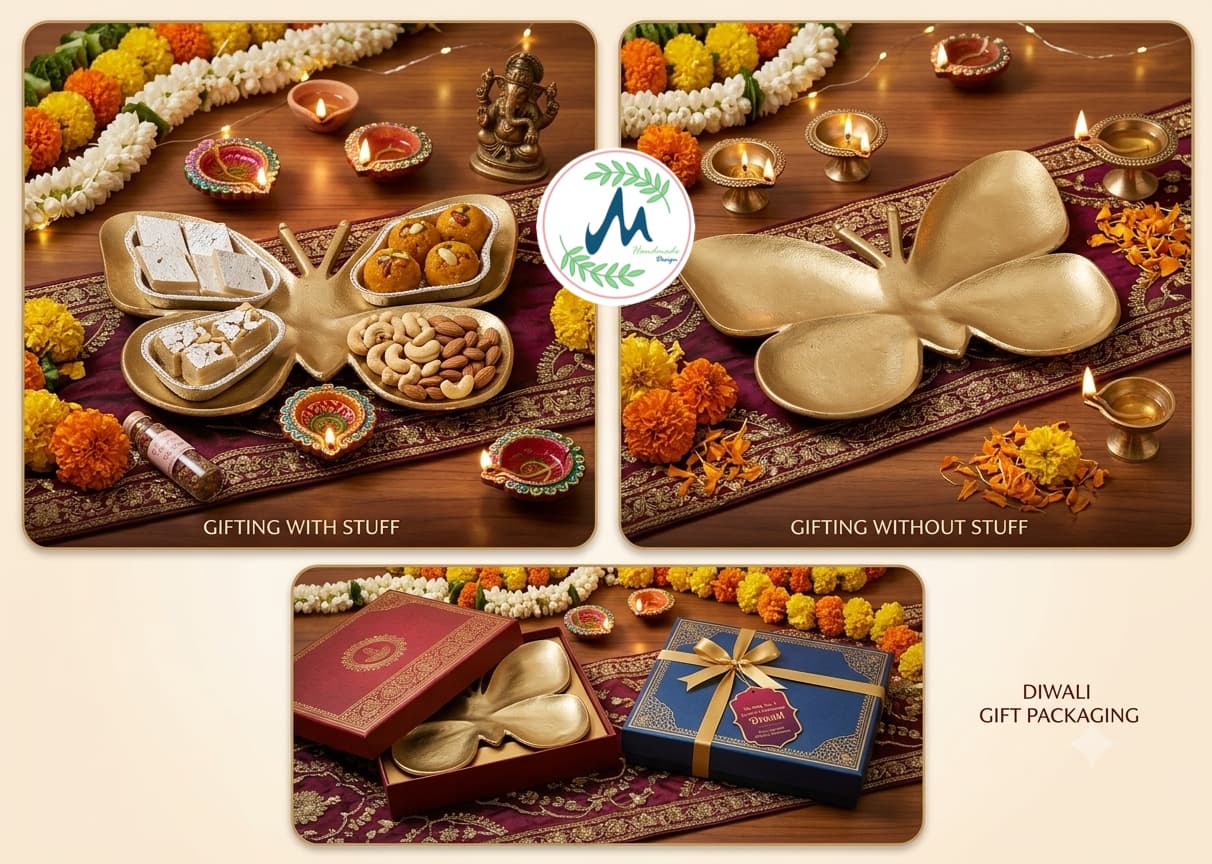 Butterfly platter with sweets and dry fruits in Diwali festive setting