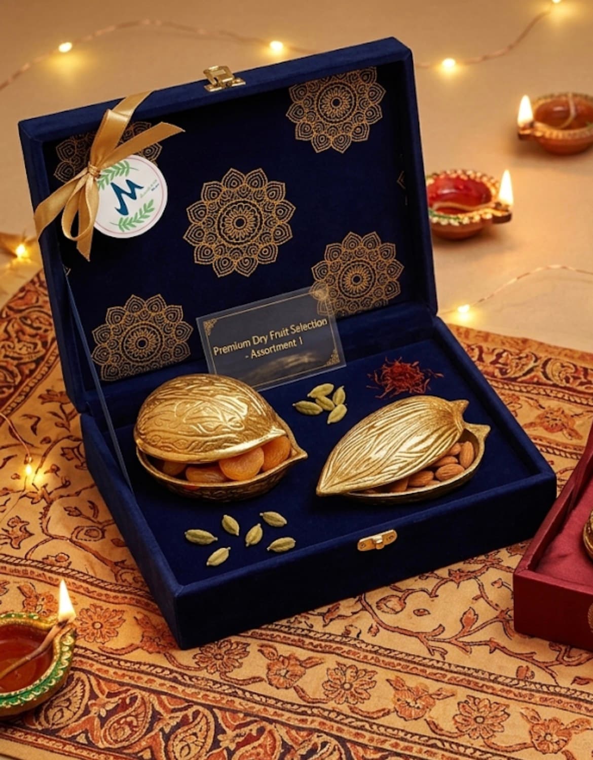 Premium dry fruit gift box with brass walnut and almond boxes in velvet case