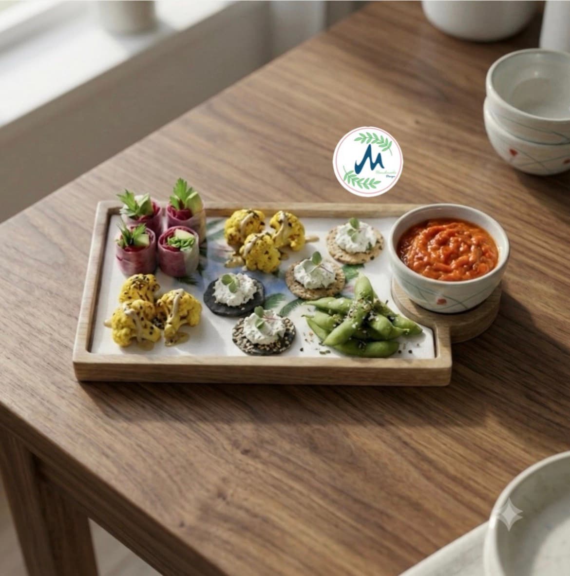 Palm tree tray with appetizers and dipping sauce styled on table