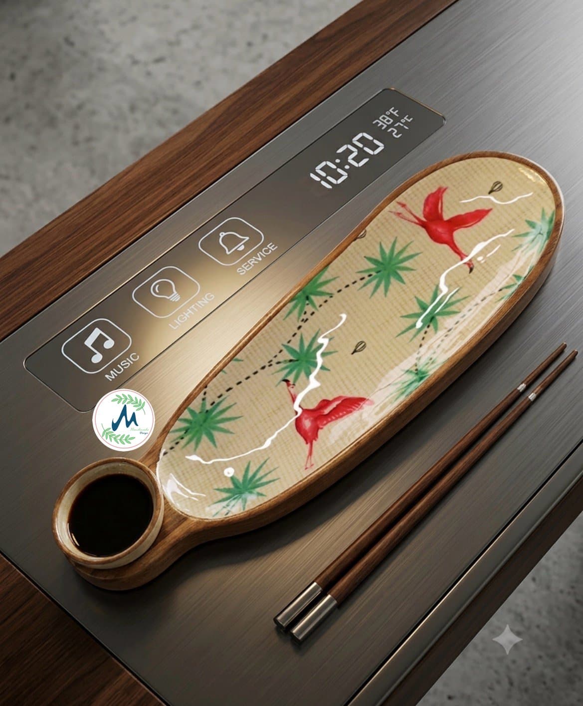 Hand-painted bird inlay serving tray