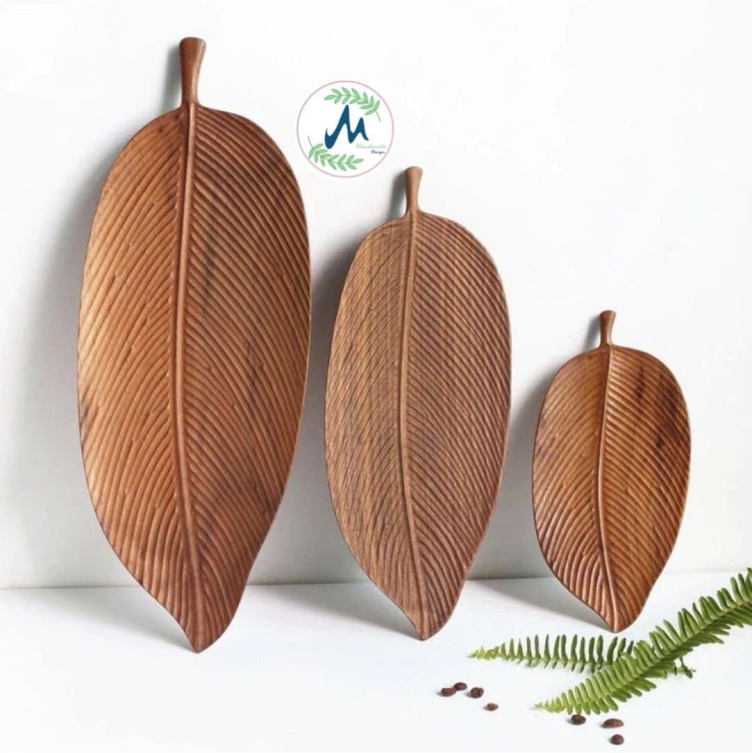 Carved leaf wooden trays standing display