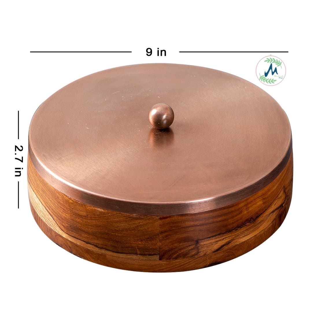 Handcrafted wooden masala box with 9-inch copper lid