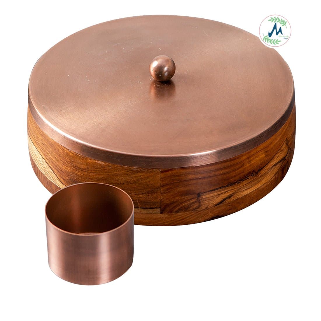 Wooden spice container with removable copper katori