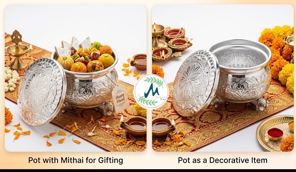 Silver festive mithai pot styled with diyas and flowers