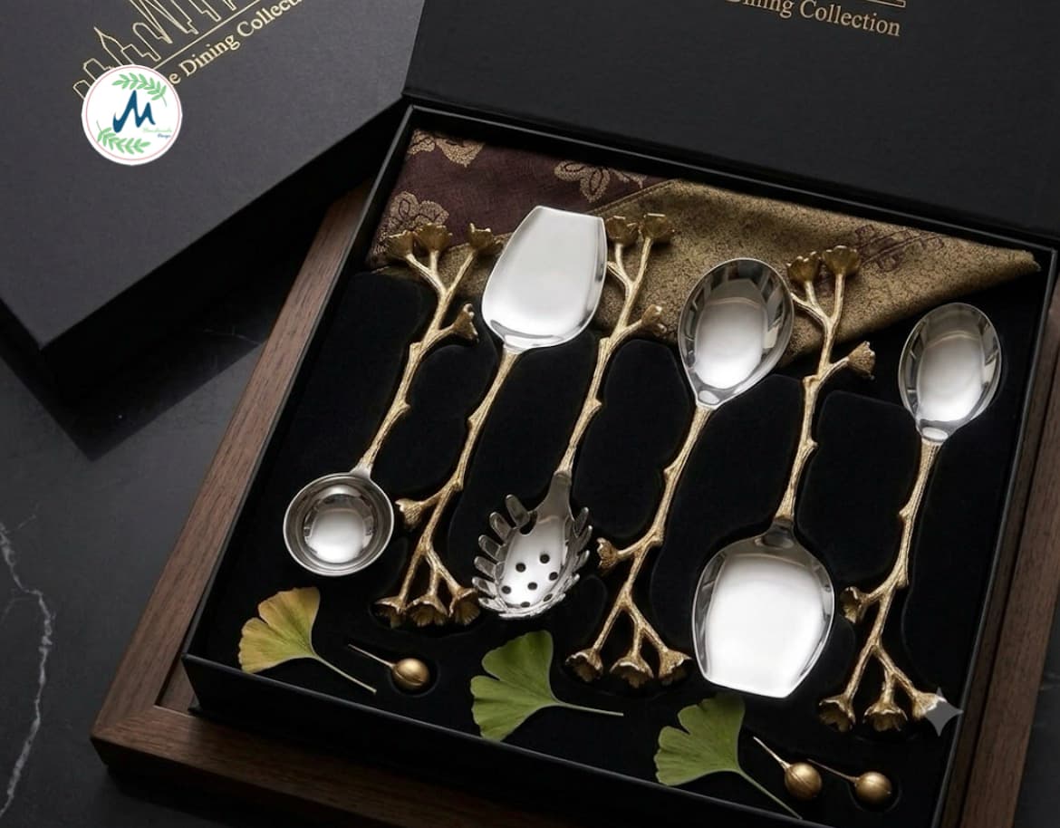 Ginkgo branch serving set in velvet-lined luxury gift box
