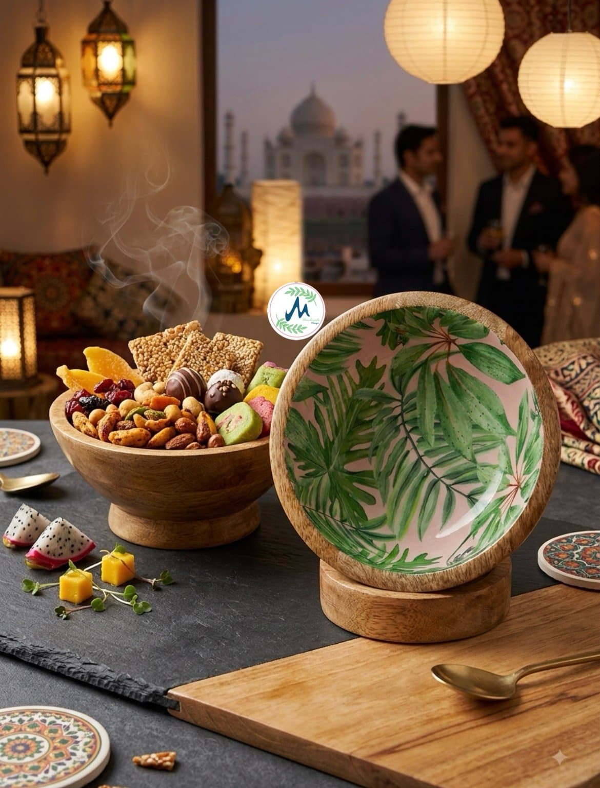 Leaf bowls styled with gourmet dry fruits at dinner table