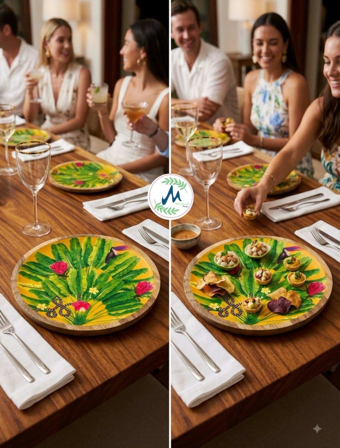 Hand-painted tropical banana leaf and toucan round platter