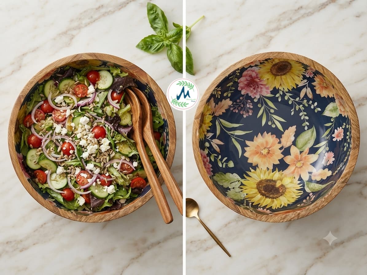 Midnight floral bowl with fresh tossed salad and servers