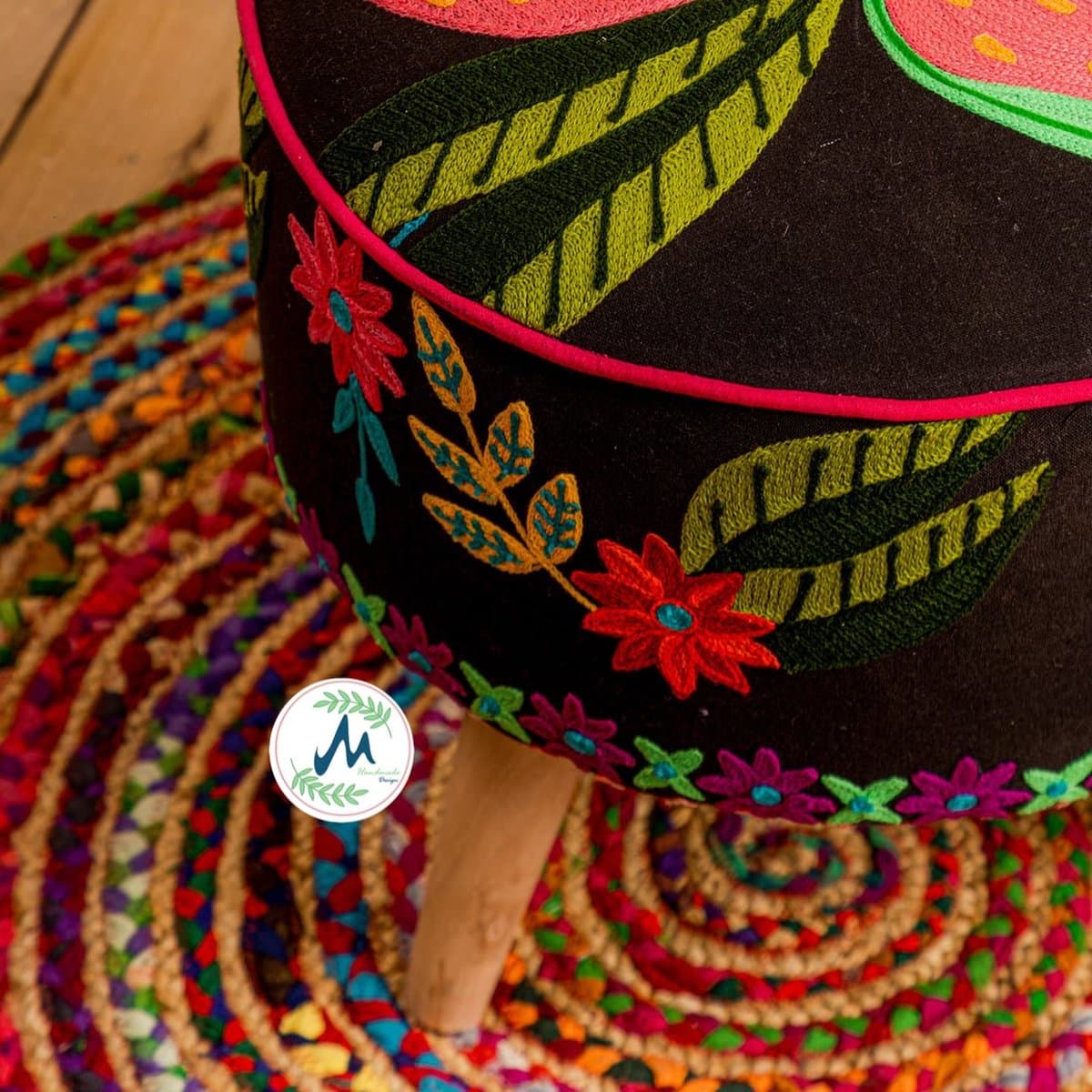 Midnight bloom pouf floral embroidery detail