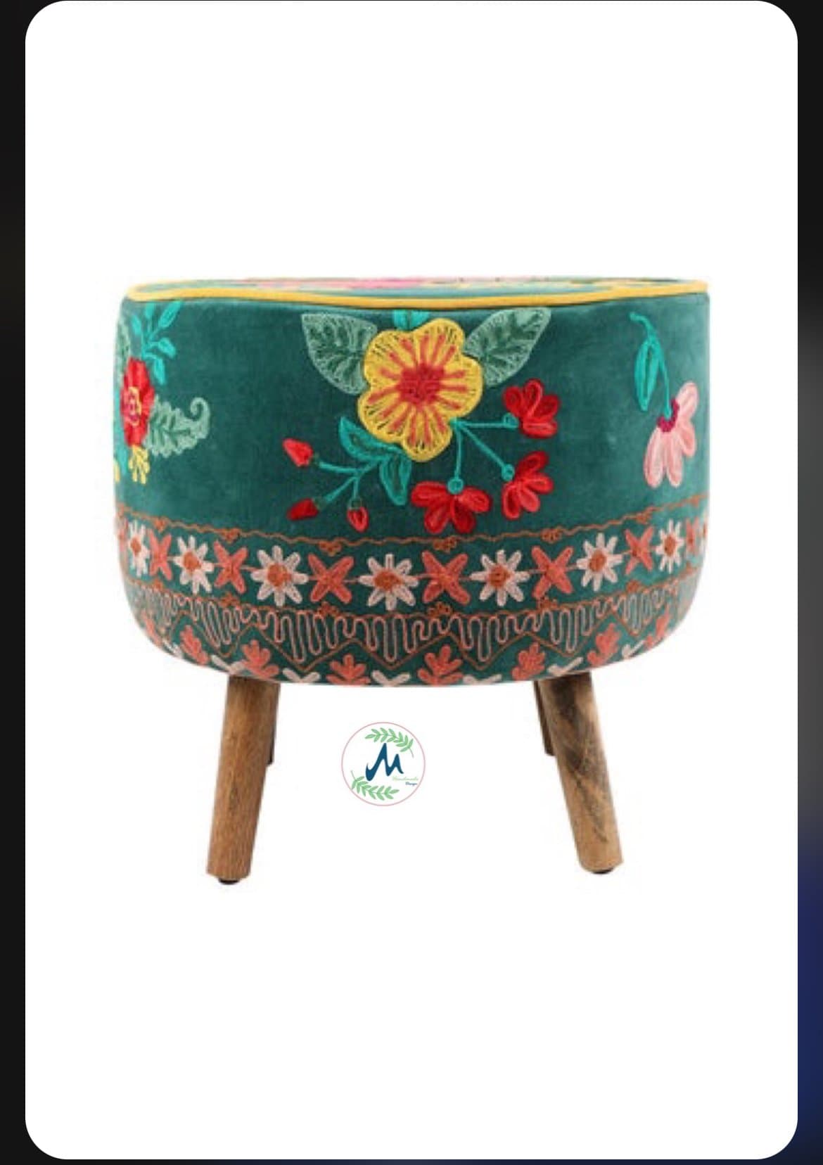 Tropical teal embroidered pouf front view