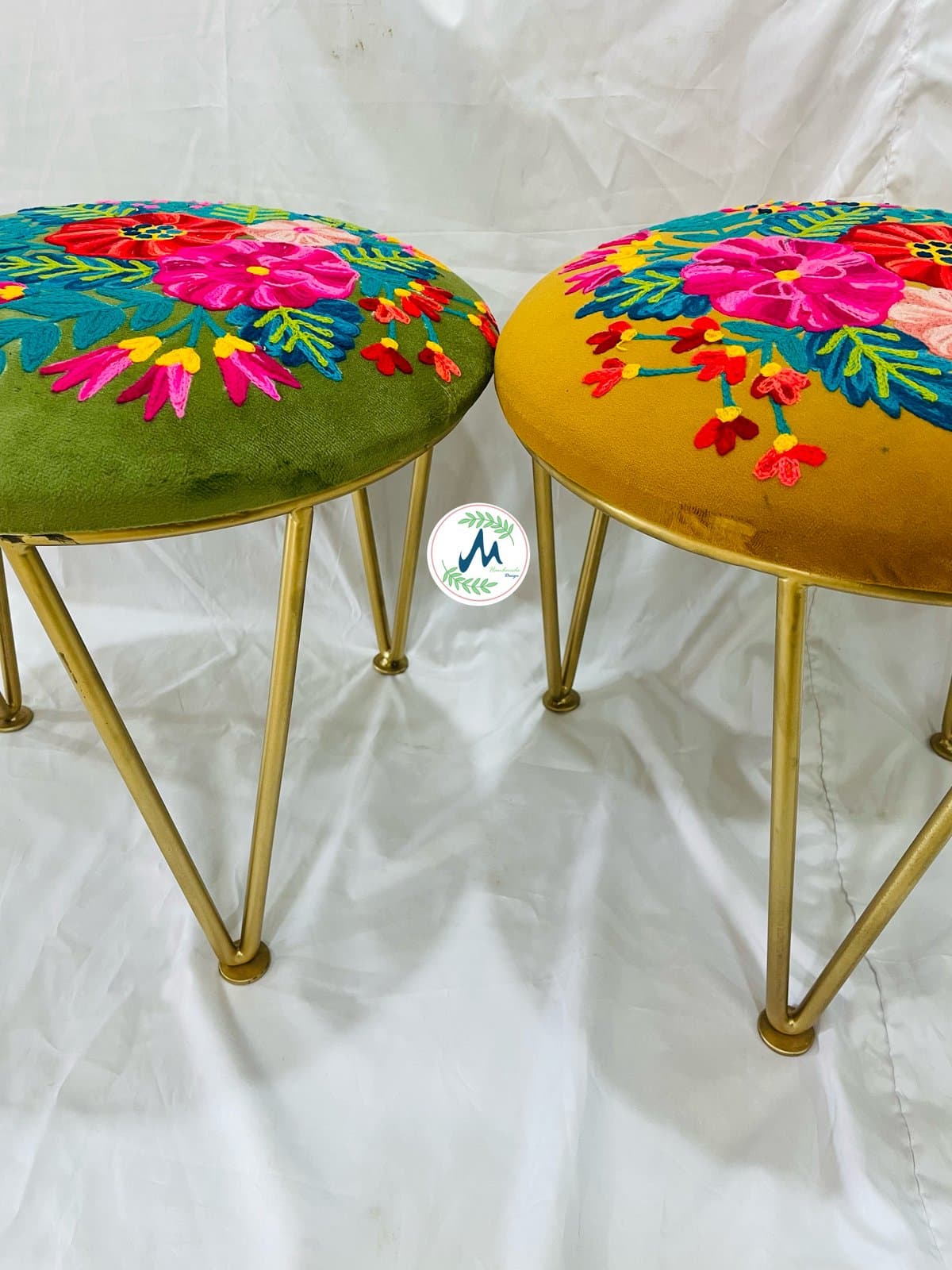 Botanical embroidered velvet hairpin stools in Olive Green and Mustard Yellow