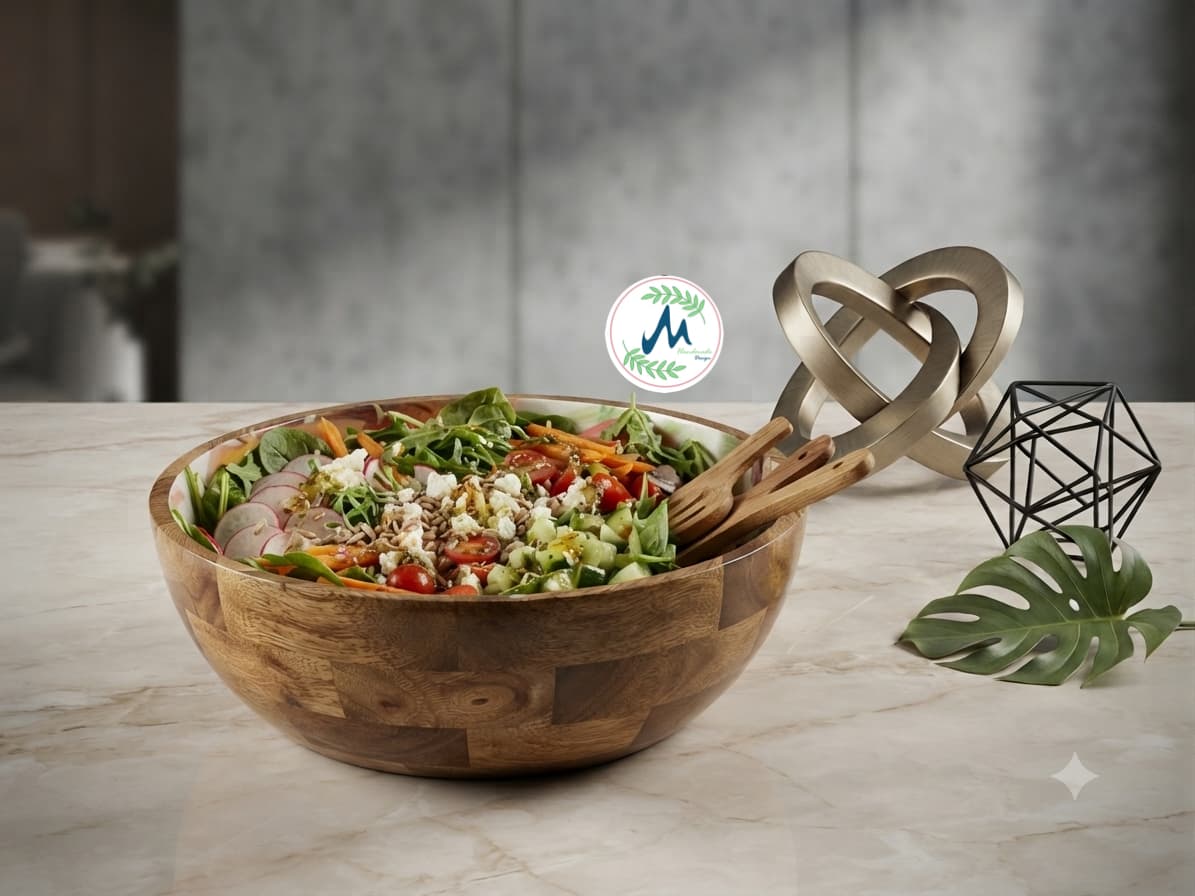 Tropical orchid bowl with salad and wooden tongs on marble table