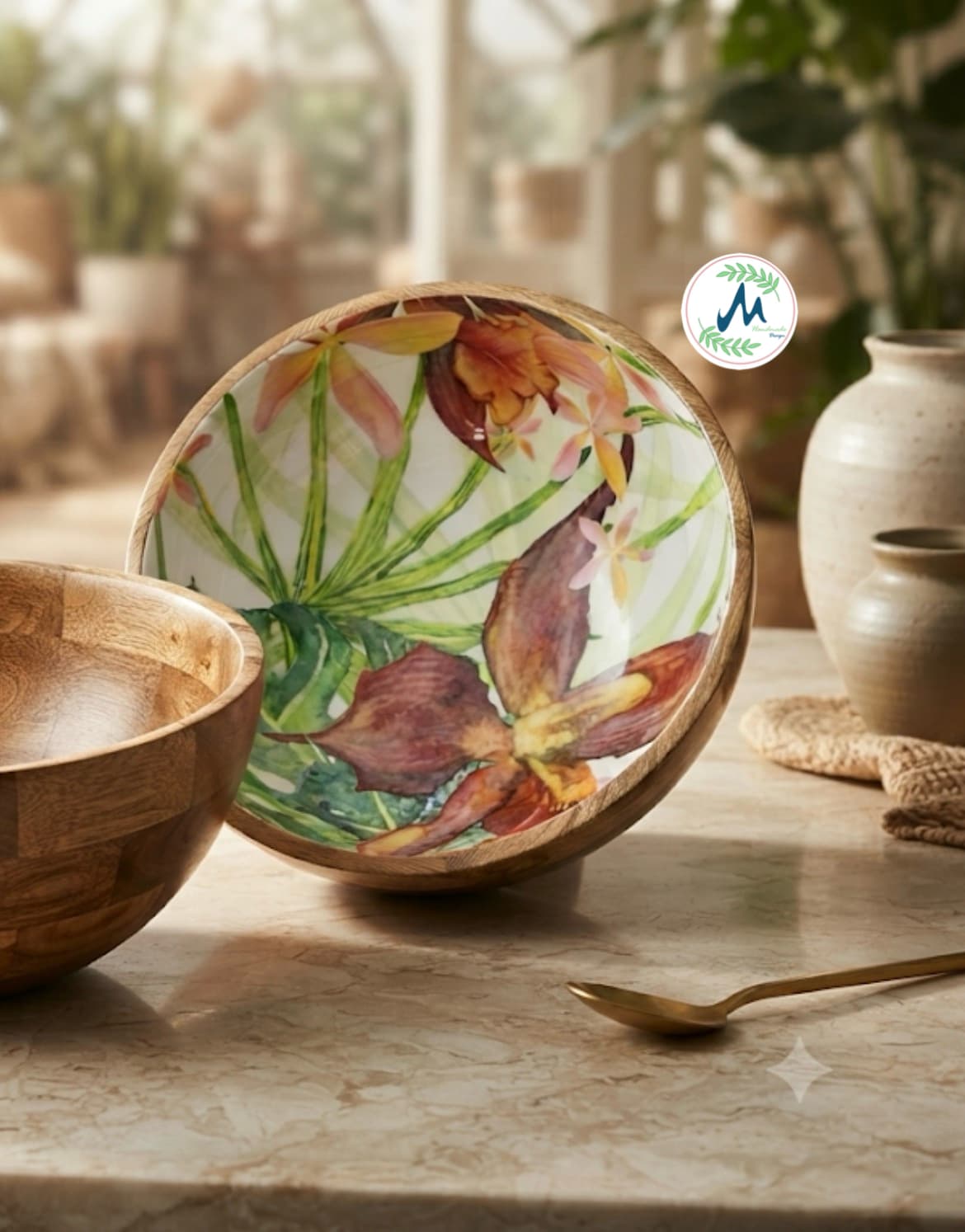Tropical orchid enamel mango wood serving bowl angled view