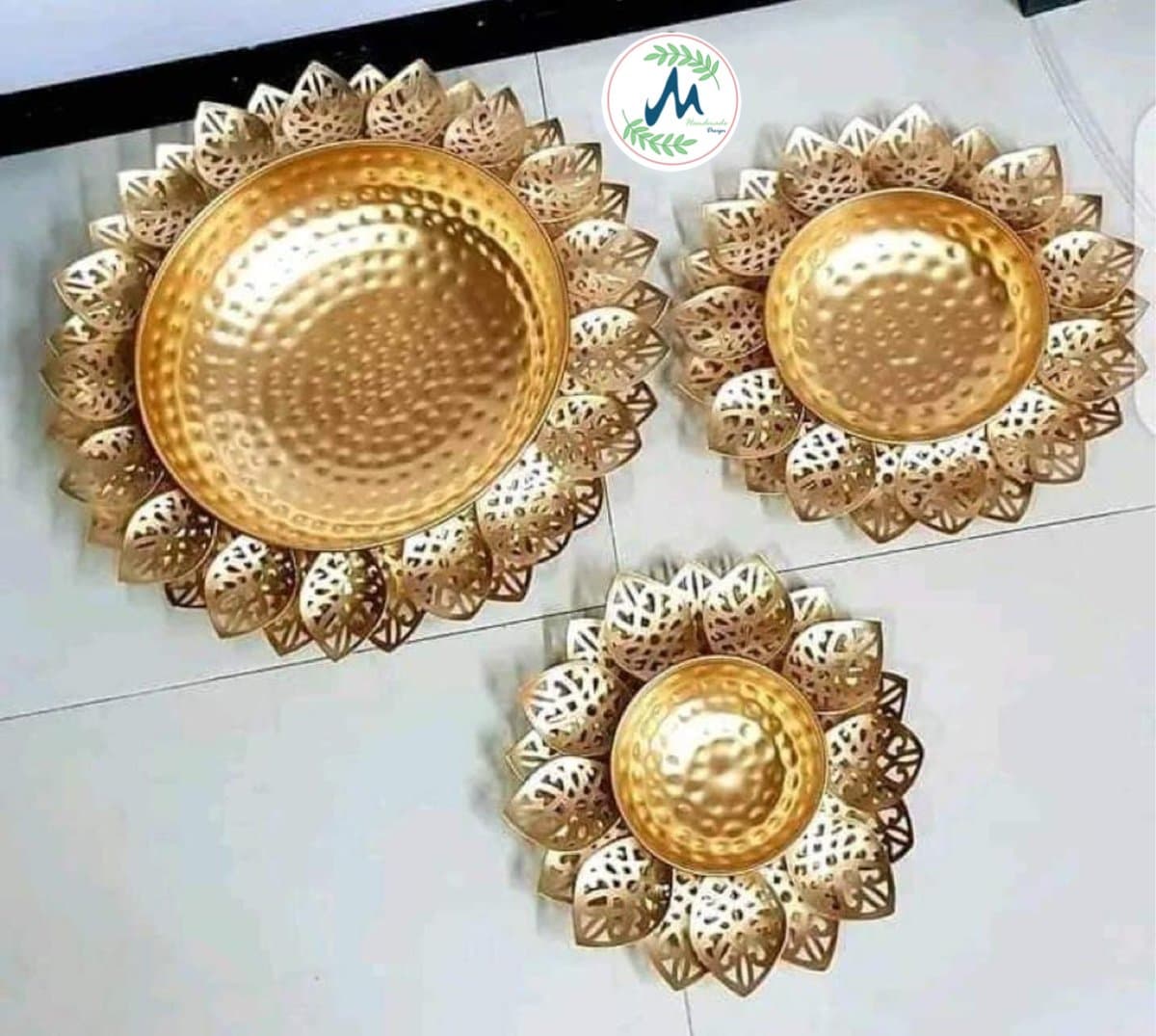 Hammered brass lotus urli set of 3 bowls