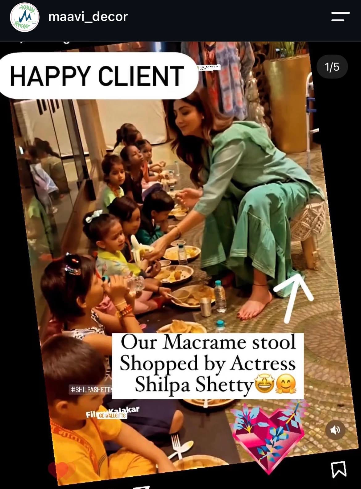 Actress Shilpa Shetty seated on Maavi Decor macrame stool