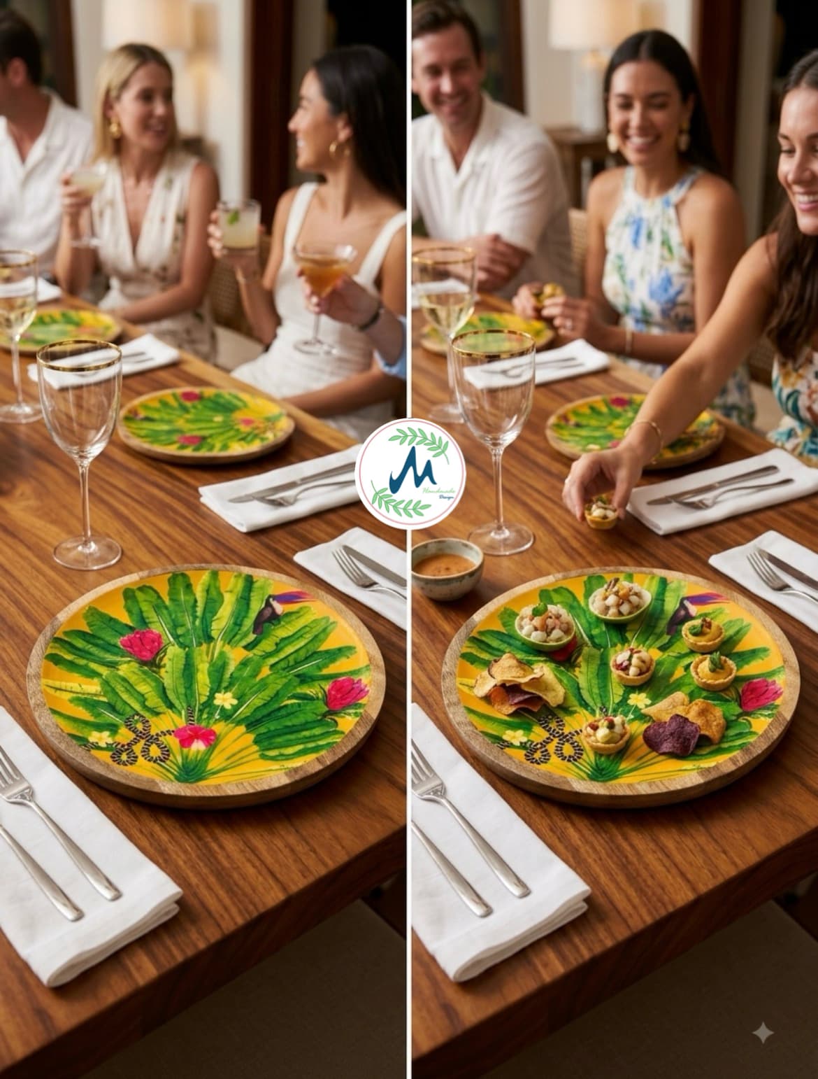 Yellow tropical banana leaf platter on dinner table with appetizers collage