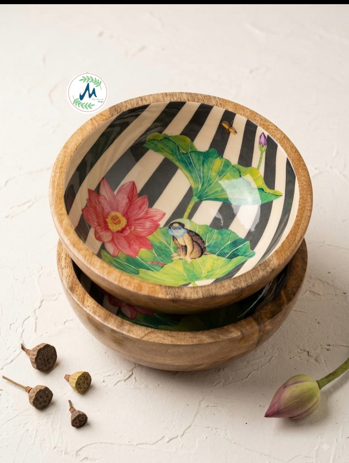 Lotus pond striped mango wood bowls stacked showing enamel interior