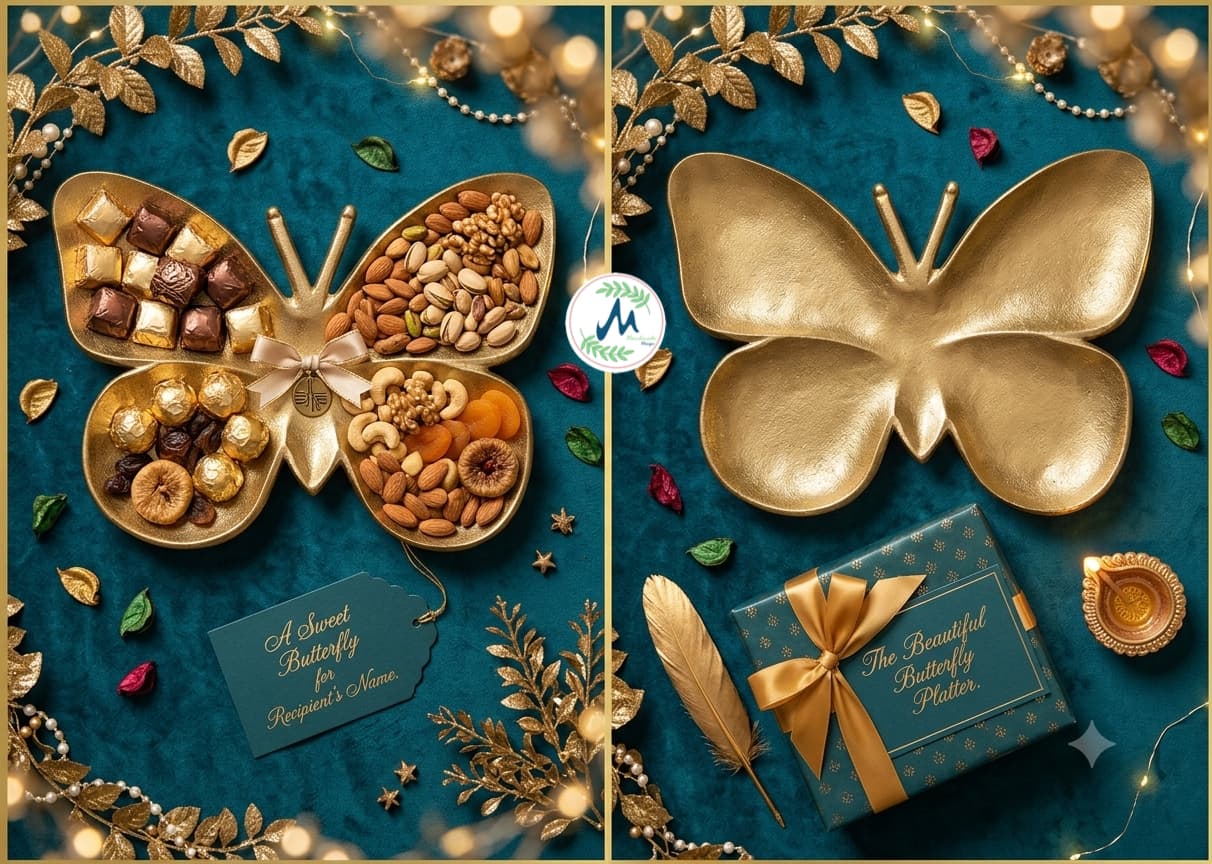 Golden butterfly platter filled with dry fruits and chocolates alongside empty platter