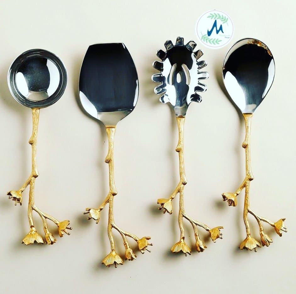 Floral-branch brass handle 4-piece serveware set