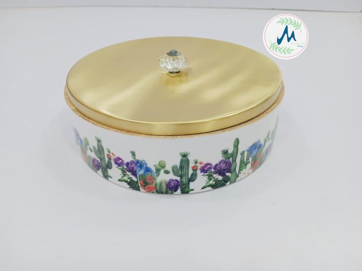 Cactus bloom ceramic storage jar with gold brass lid
