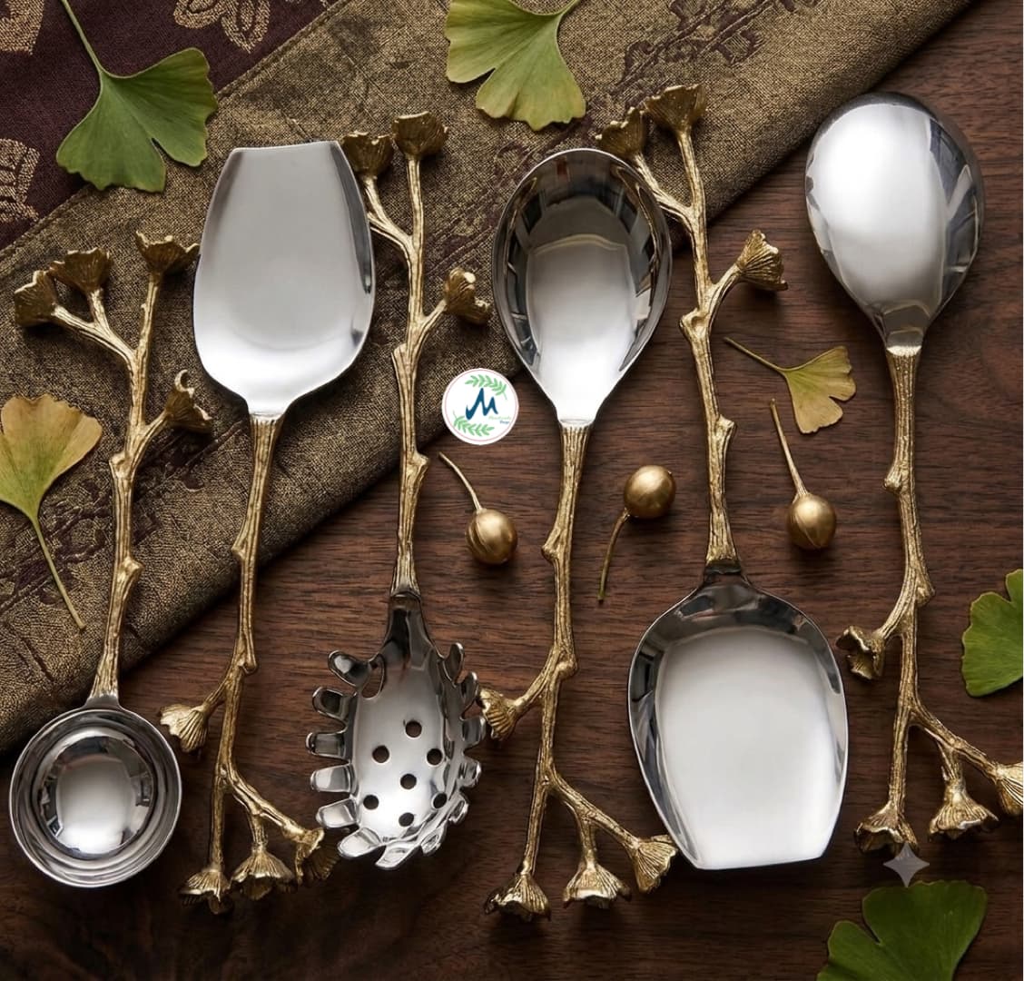 Botanical ginkgo twig brass and stainless steel 6-piece serving set