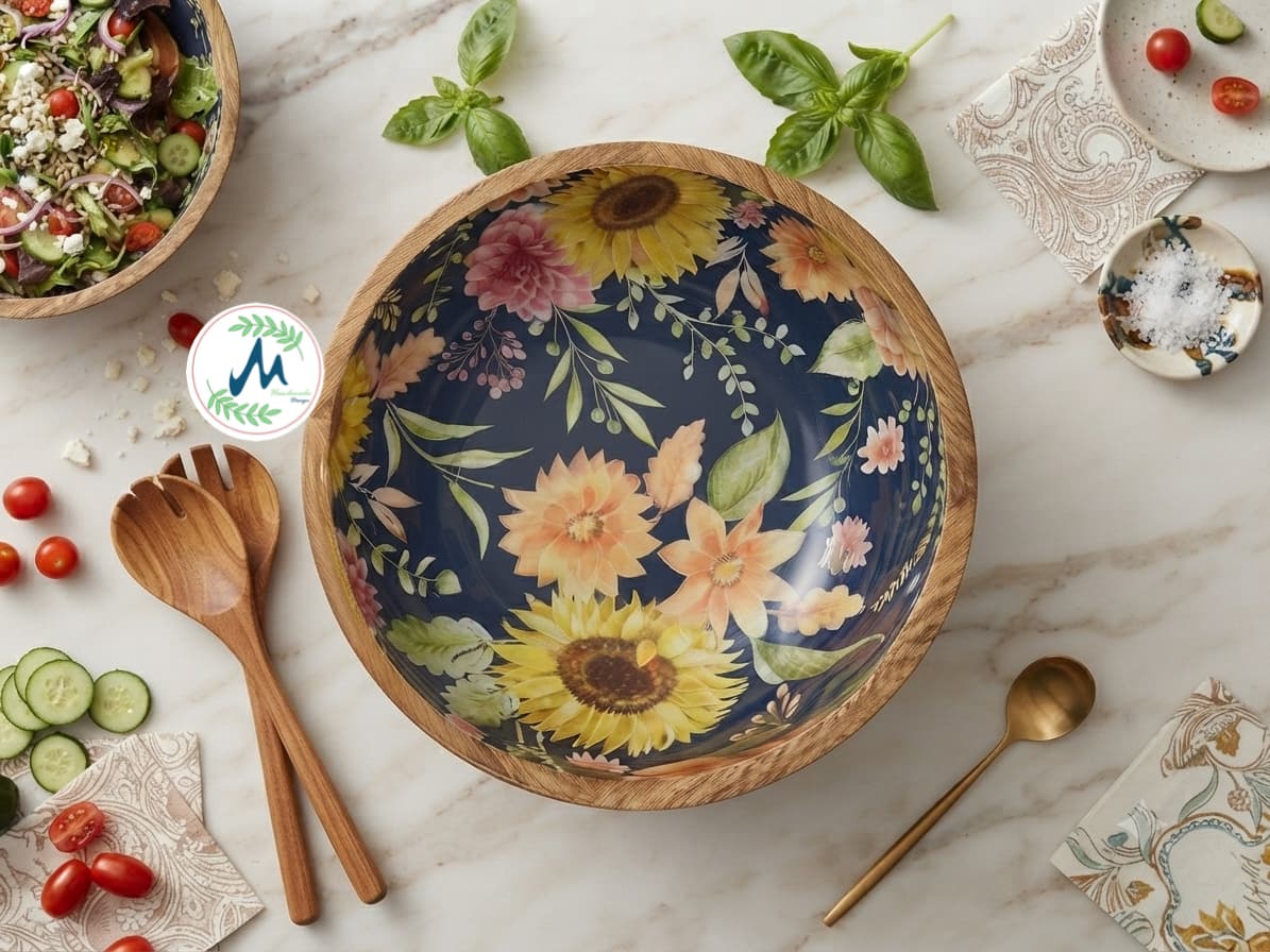 Midnight botanical floral mango wood salad bowl top down view