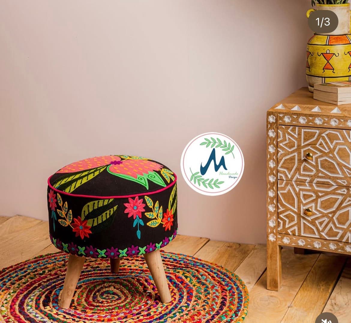 Black Hand Embroidered Floral Ottomans |
