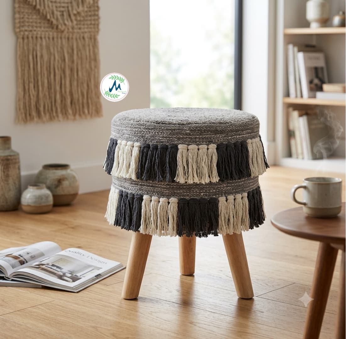 Boho Tasseled Woven Ottoman Stool – 18 Inch( single)