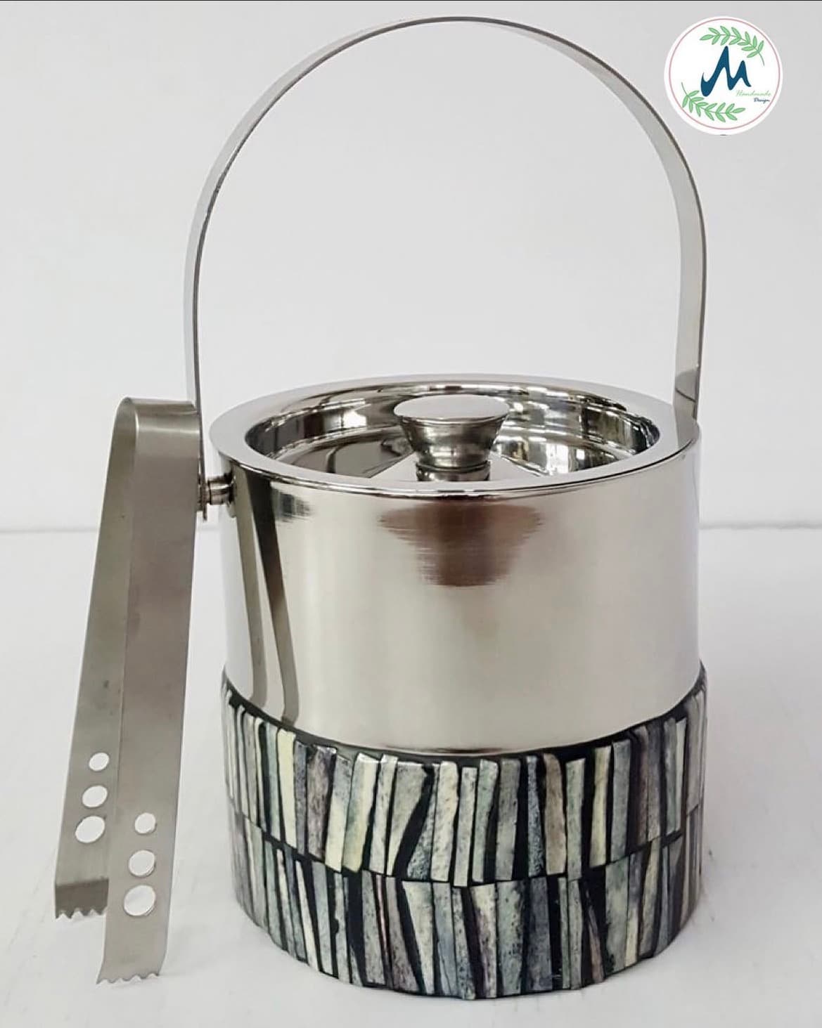 Bone inlay stainless steel ice bucket with tongs and swing handle