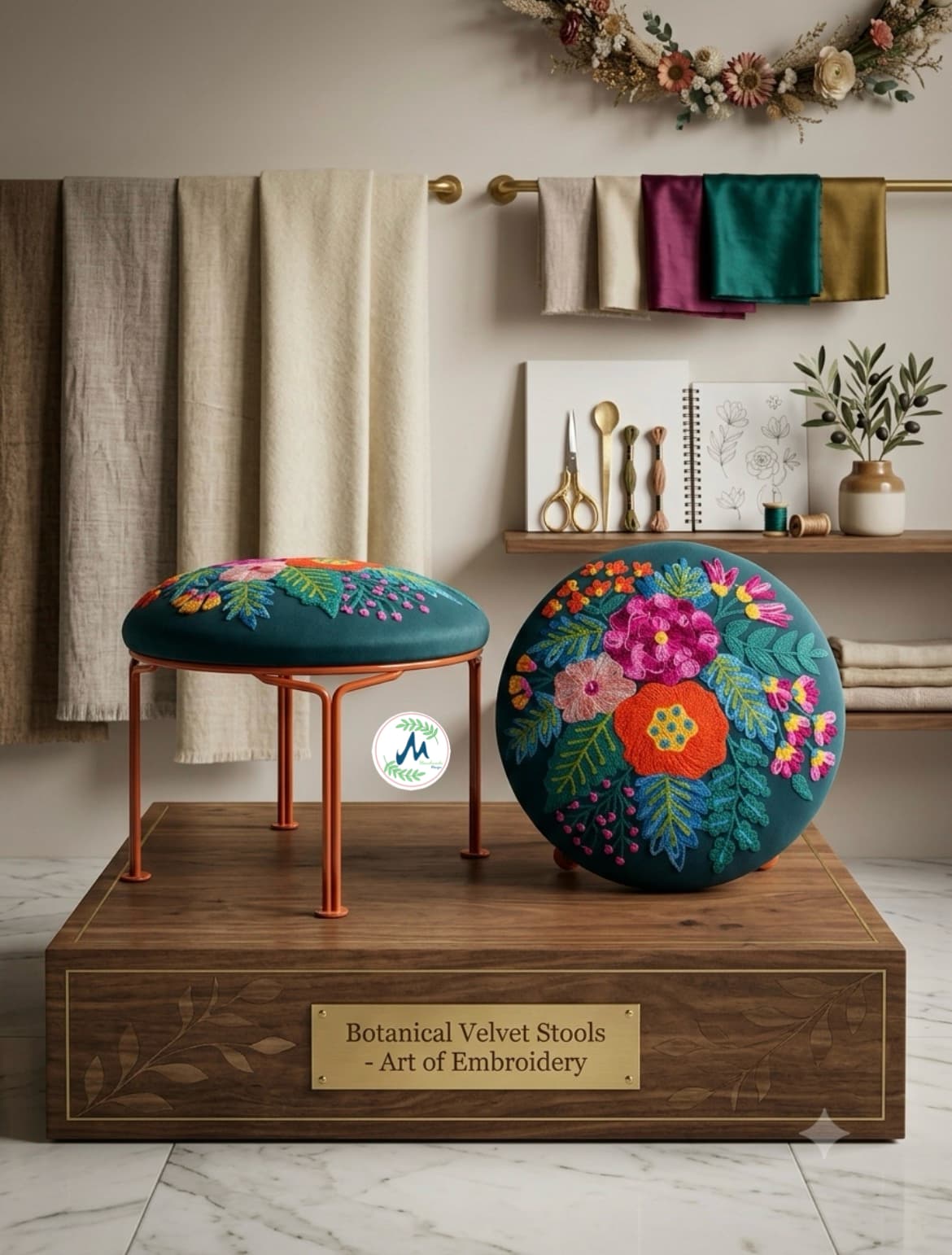Botanical Velvet Embroidered Low Pooja Ghar Stools / Foot Rest