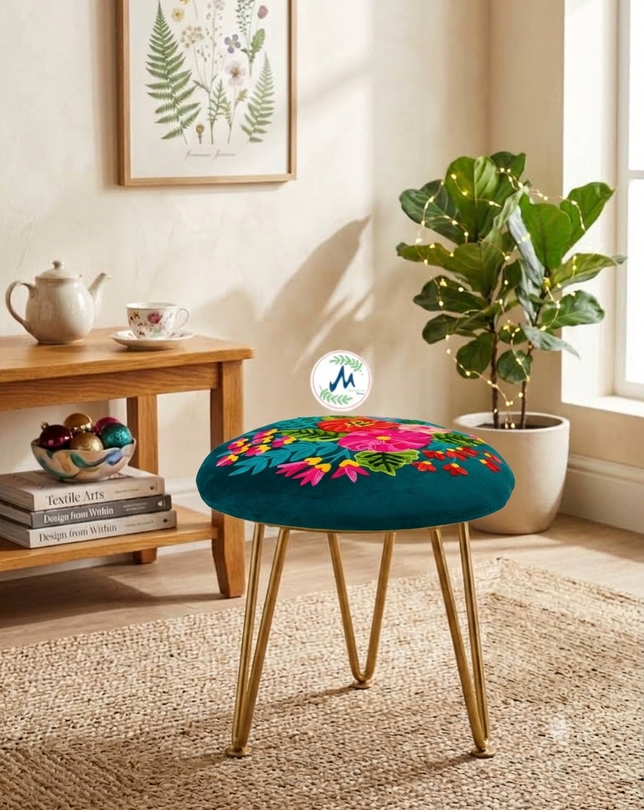 Emerald Teal Floral Stool with Gold Hairpin Legs