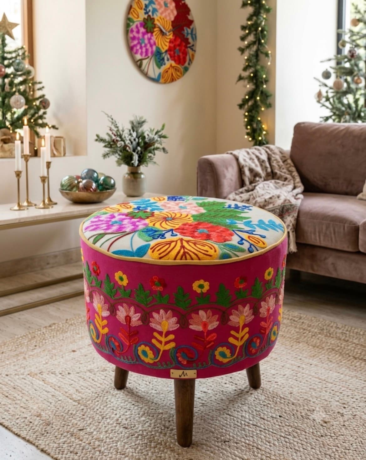 Magenta Rose Blossom Floral Embroidered Pouf
