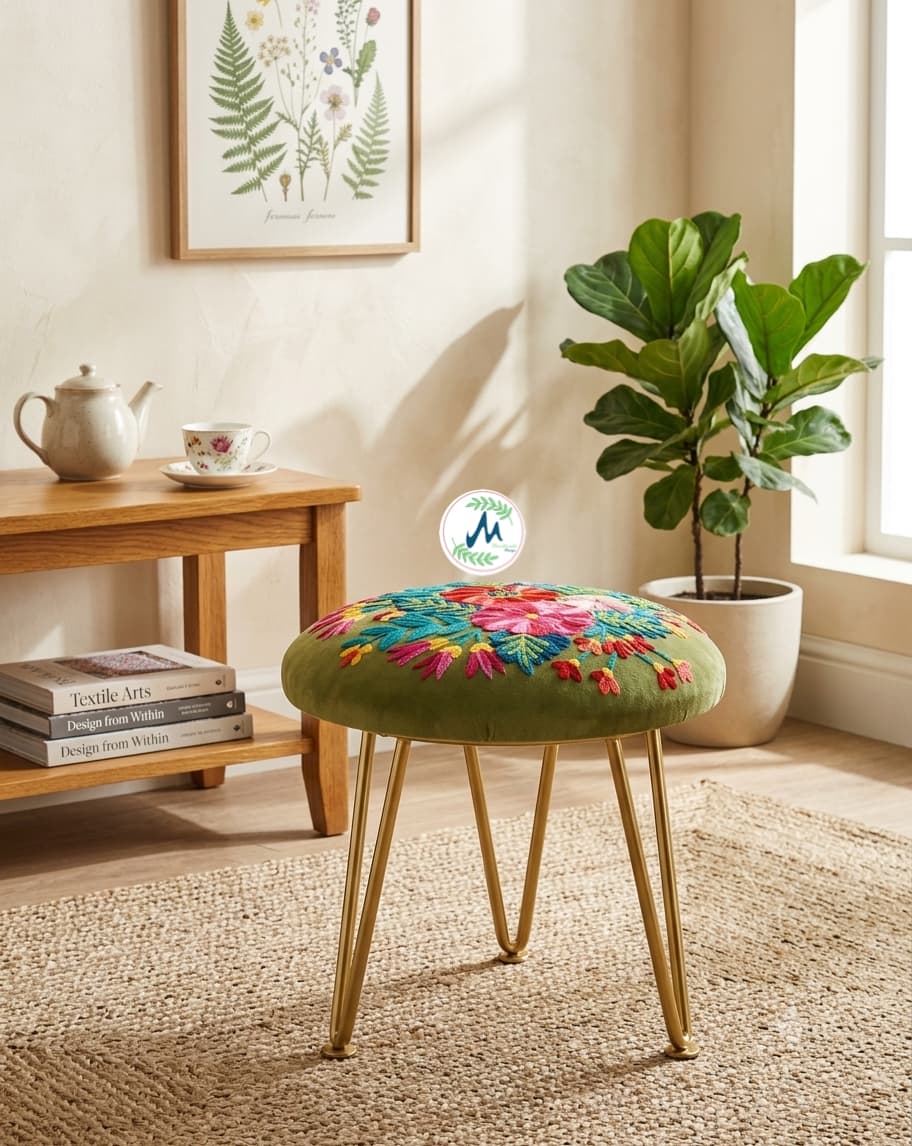 Olive Bloom Embroidered Velvet Stool(Single)
