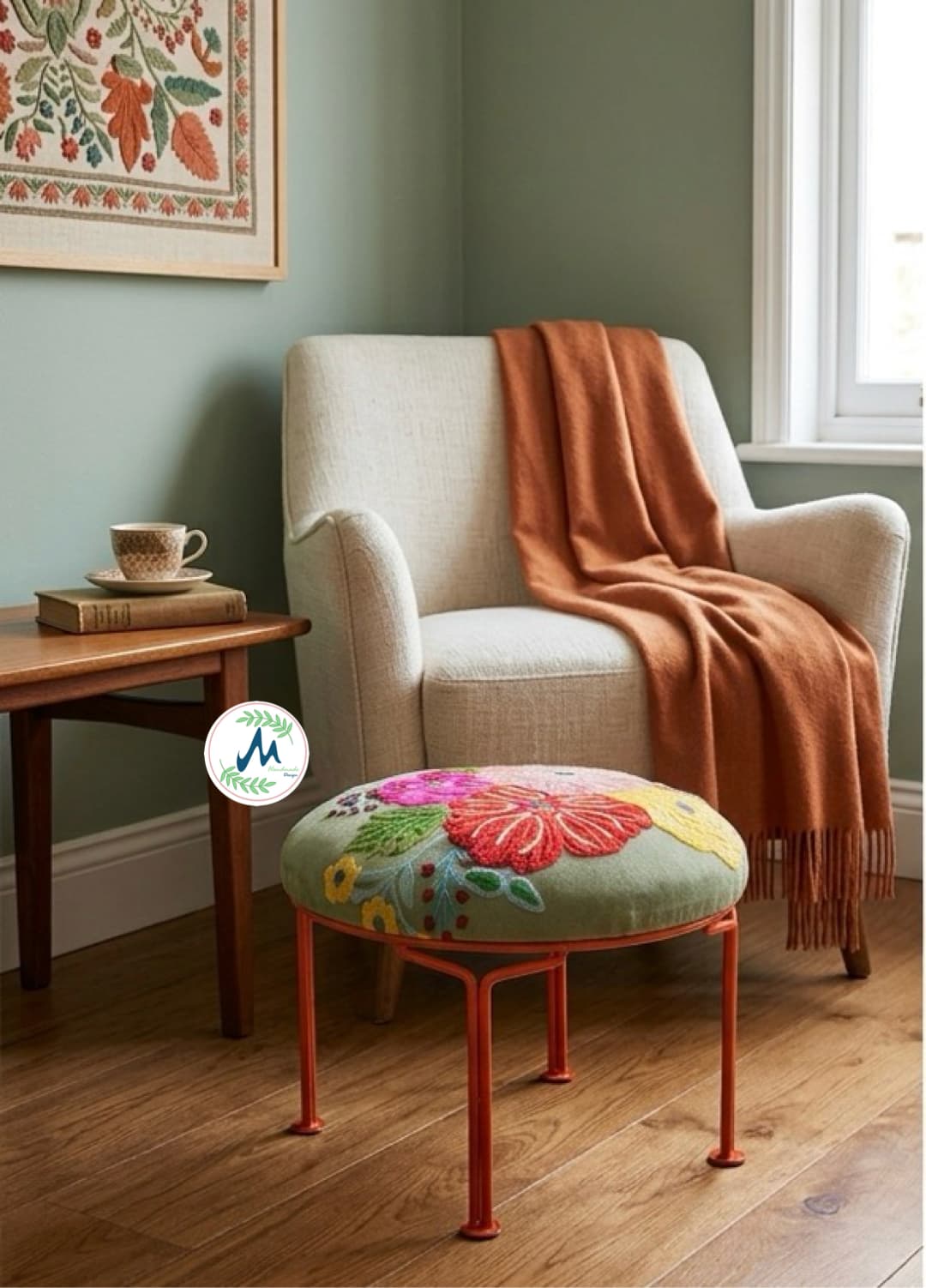 Olive velvet Embroidered Pooja Ghar Low stools / Foot Rest