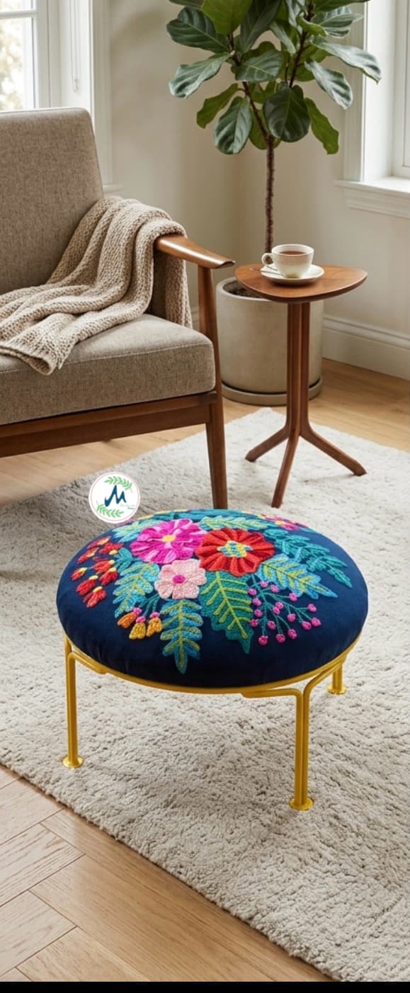 Royal Blue Velvet Embroidered Low Pooja Ghar Stool / Foot Rest