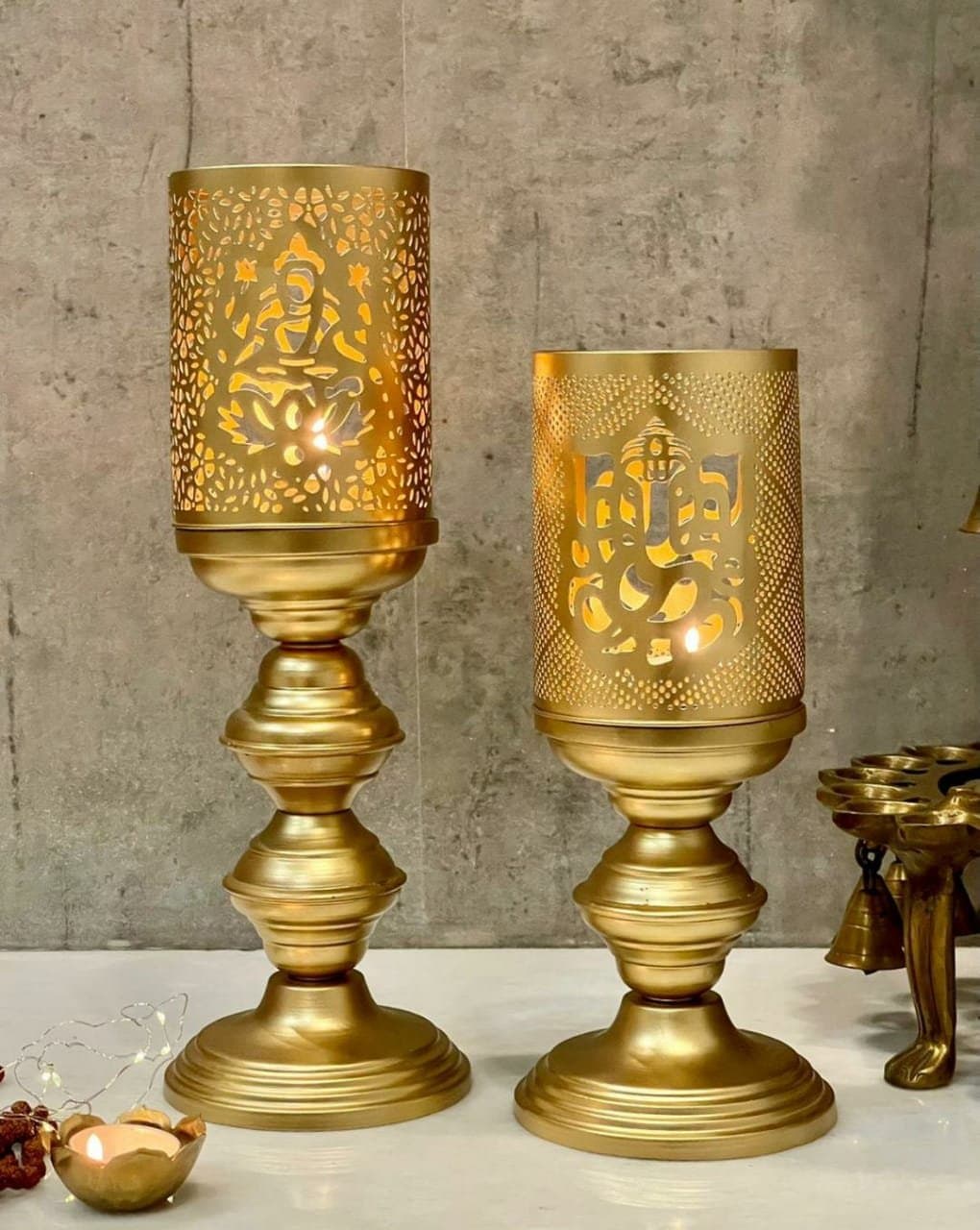 Royal Moroccan Filigree Gold Pillar Candle Holders (Set of 2)